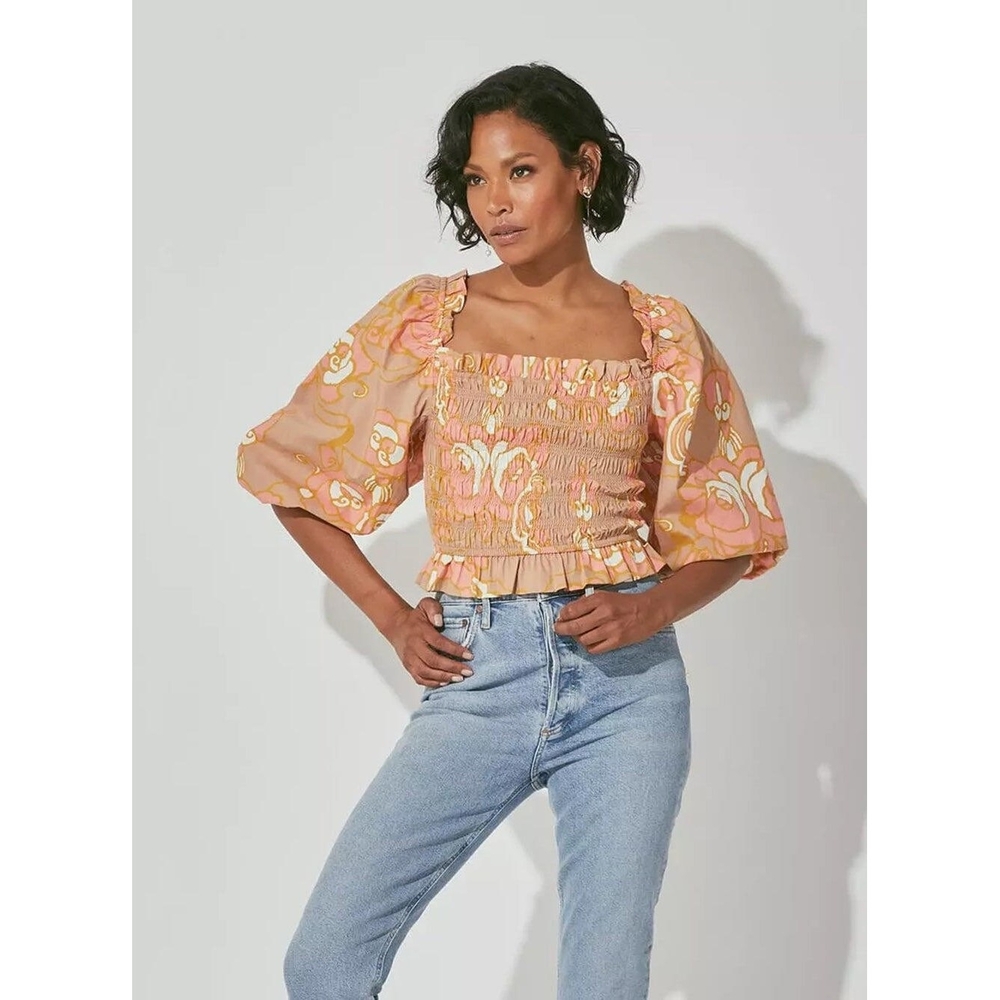 Cleobella Pink and Cream Smocked Square-Neck Puff-Sleeve Blouse